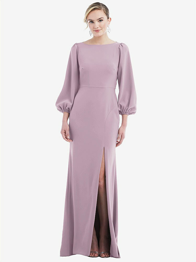 【STYLE: 3086】Bishop Sleeve Open-Back Trumpet Gown with Scarf Tie【COLOR: Suede Rose & Evergreen】