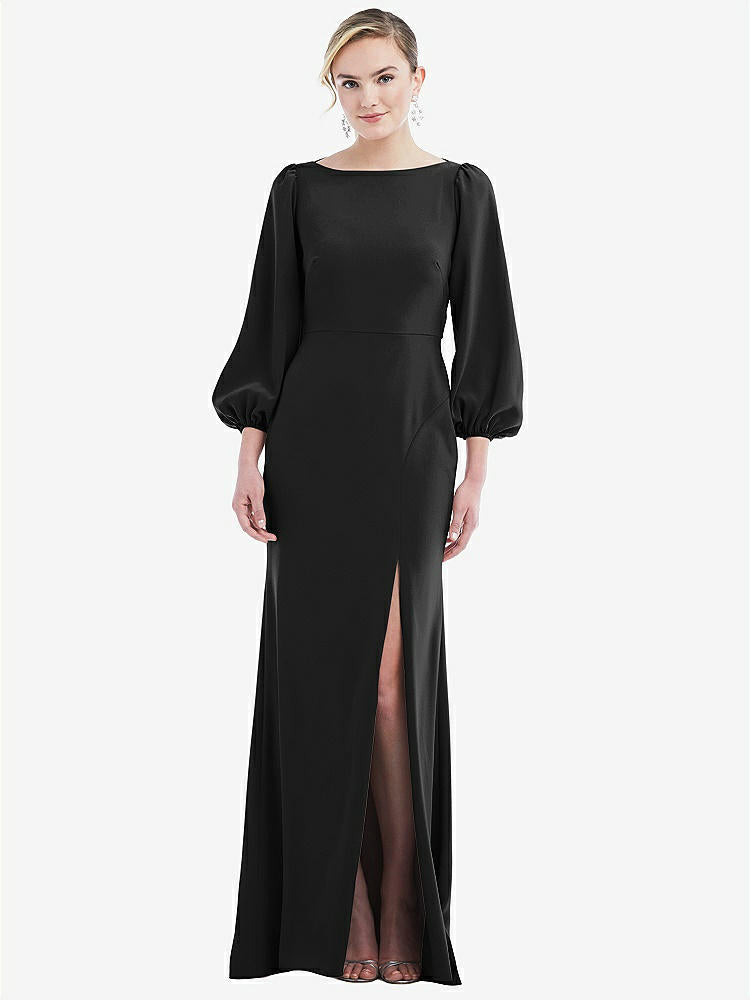 【STYLE: 3086】Bishop Sleeve Open-Back Trumpet Gown with Scarf Tie【COLOR: Black & Evergreen】