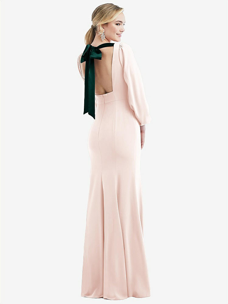 【STYLE: 3086】Bishop Sleeve Open-Back Trumpet Gown with Scarf Tie【Blush & Evergreen】