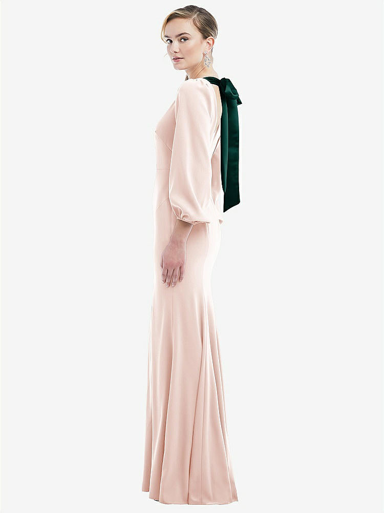 【STYLE: 3086】Bishop Sleeve Open-Back Trumpet Gown with Scarf Tie【Blush & Evergreen】