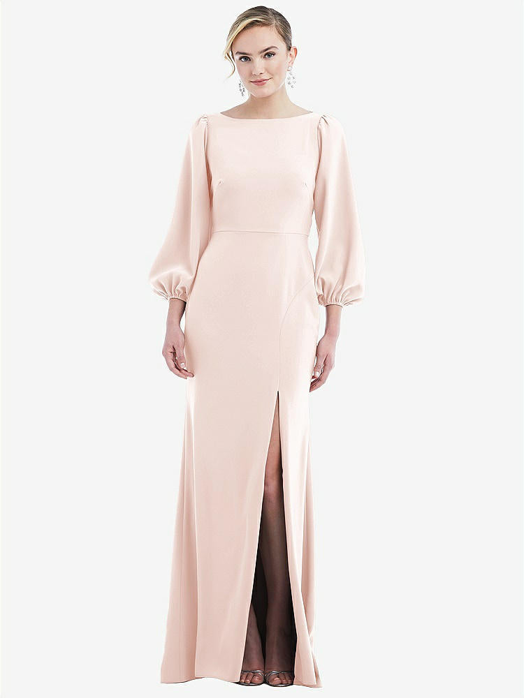 【STYLE: 3086】Bishop Sleeve Open-Back Trumpet Gown with Scarf Tie【Blush & Evergreen】