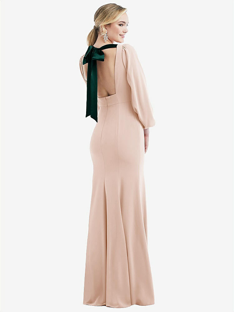 【STYLE: 3086】Bishop Sleeve Open-Back Trumpet Gown with Scarf Tie【COLOR: Cameo & Evergreen】