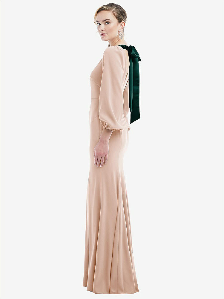 【STYLE: 3086】Bishop Sleeve Open-Back Trumpet Gown with Scarf Tie【COLOR: Cameo & Evergreen】