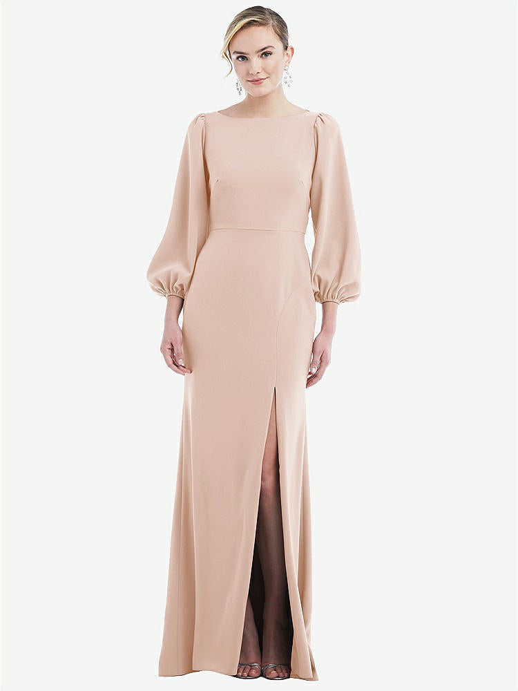 【STYLE: 3086】Bishop Sleeve Open-Back Trumpet Gown with Scarf Tie【COLOR: Cameo & Evergreen】
