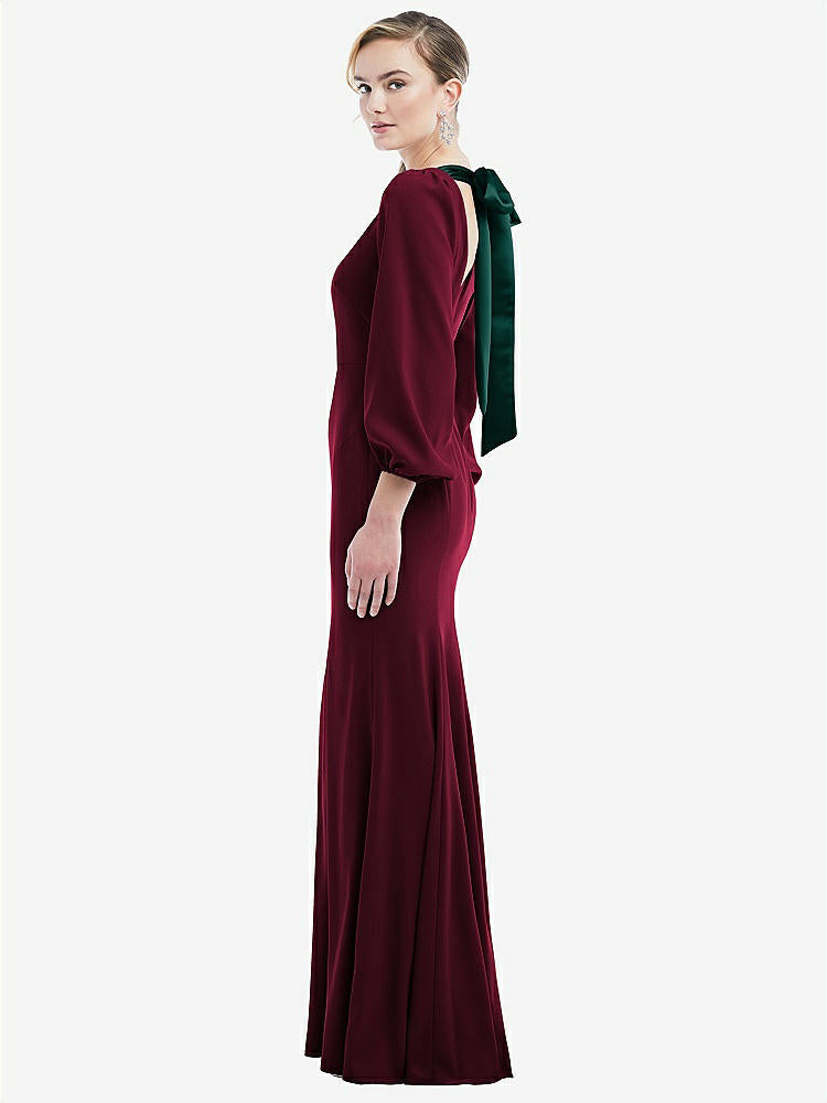 【STYLE: 3086】Bishop Sleeve Open-Back Trumpet Gown with Scarf Tie【COLOR: Cabernet & Evergreen】