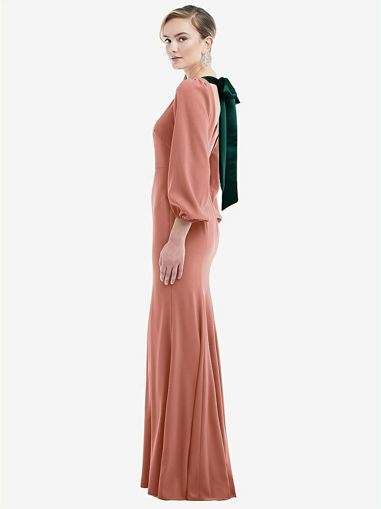 【STYLE: 3086】Bishop Sleeve Open-Back Trumpet Gown with Scarf Tie【COLOR: Desert Rose & Evergreen】