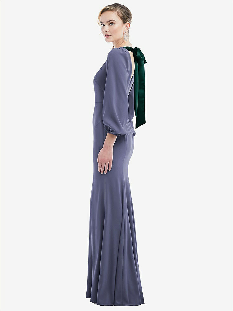 【STYLE: 3086】Bishop Sleeve Open-Back Trumpet Gown with Scarf Tie【COLOR: French Blue & Evergreen】