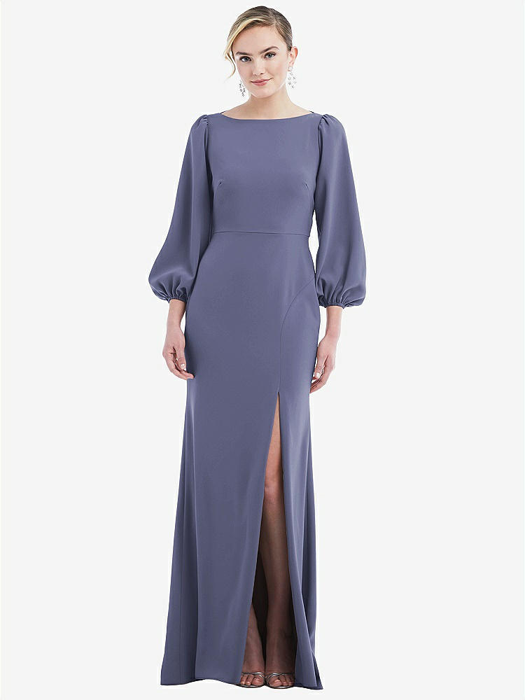 【STYLE: 3086】Bishop Sleeve Open-Back Trumpet Gown with Scarf Tie【COLOR: French Blue & Evergreen】