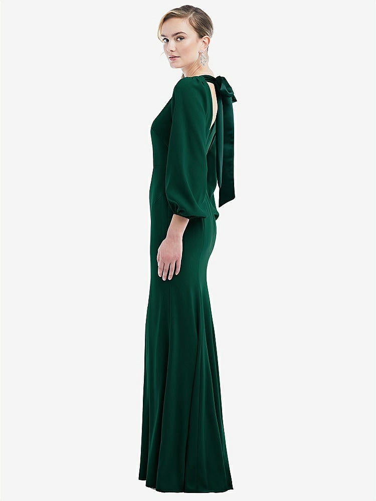 【STYLE: 3086】Bishop Sleeve Open-Back Trumpet Gown with Scarf Tie【COLOR: Hunter Green & Evergreen】