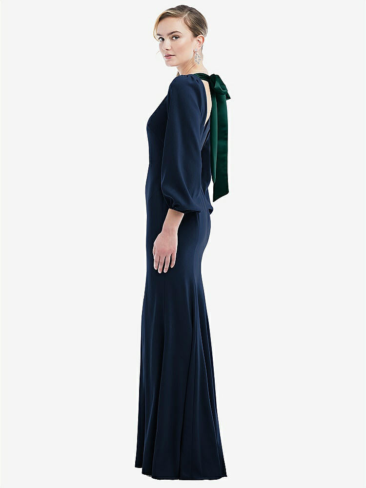 【STYLE: 3086】Bishop Sleeve Open-Back Trumpet Gown with Scarf Tie【COLOR: Midnight Navy & Evergreen】