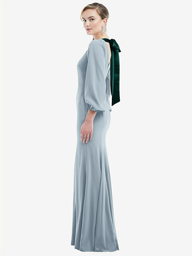 【STYLE: 3086】Bishop Sleeve Open-Back Trumpet Gown with Scarf Tie【COLOR: Mist & Evergreen】