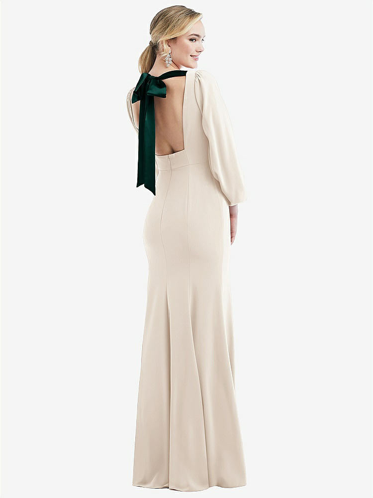【STYLE: 3086】Bishop Sleeve Open-Back Trumpet Gown with Scarf Tie【COLOR: Oat & Evergreen】