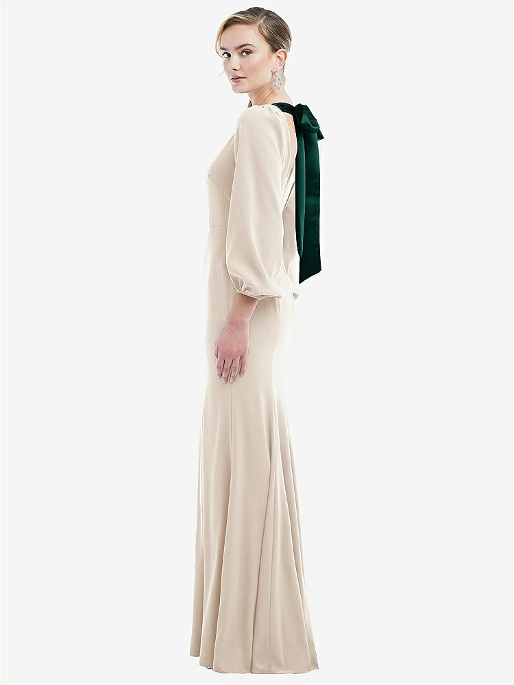【STYLE: 3086】Bishop Sleeve Open-Back Trumpet Gown with Scarf Tie【COLOR: Oat & Evergreen】