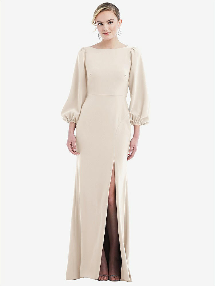 【STYLE: 3086】Bishop Sleeve Open-Back Trumpet Gown with Scarf Tie【COLOR: Oat & Evergreen】