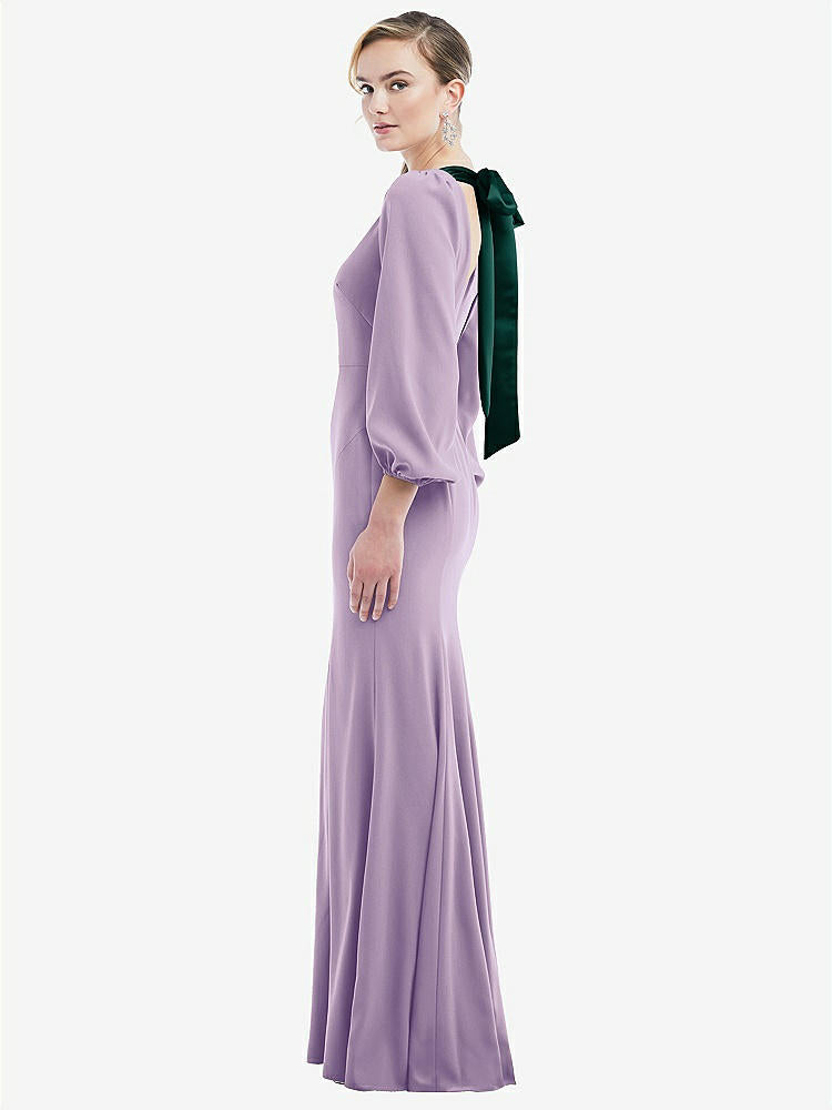 【STYLE: 3086】Bishop Sleeve Open-Back Trumpet Gown with Scarf Tie【COLOR: Pale Purple & Evergreen】