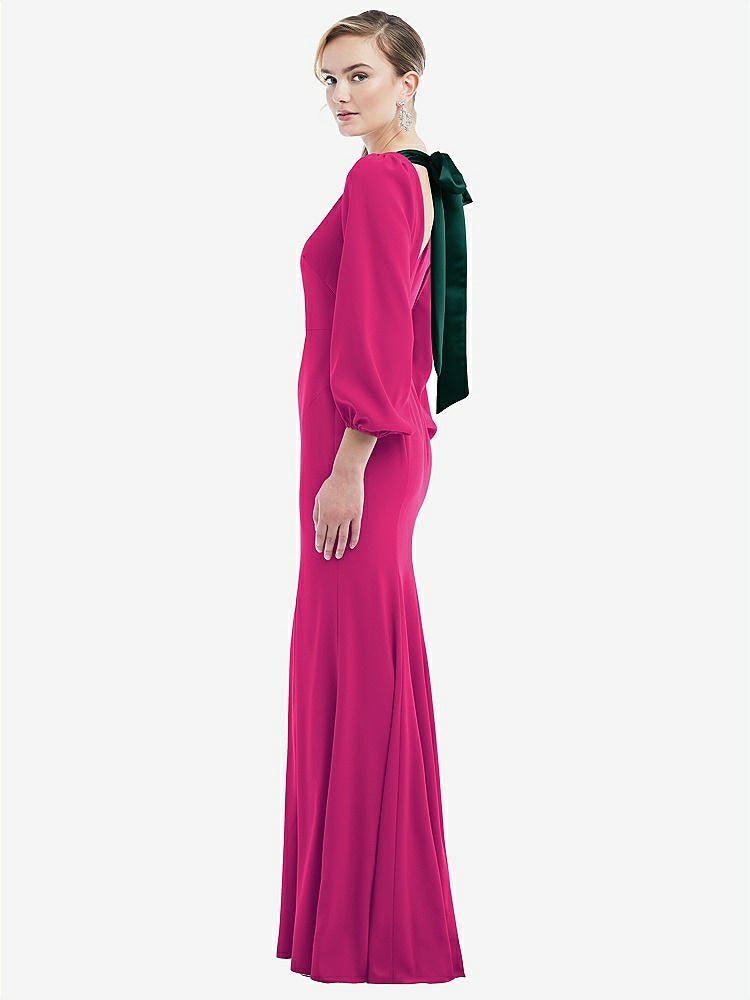 【STYLE: 3086】Bishop Sleeve Open-Back Trumpet Gown with Scarf Tie【COLOR: Think Pink & Evergreen】