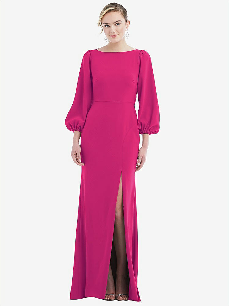 【STYLE: 3086】Bishop Sleeve Open-Back Trumpet Gown with Scarf Tie【COLOR: Think Pink & Evergreen】