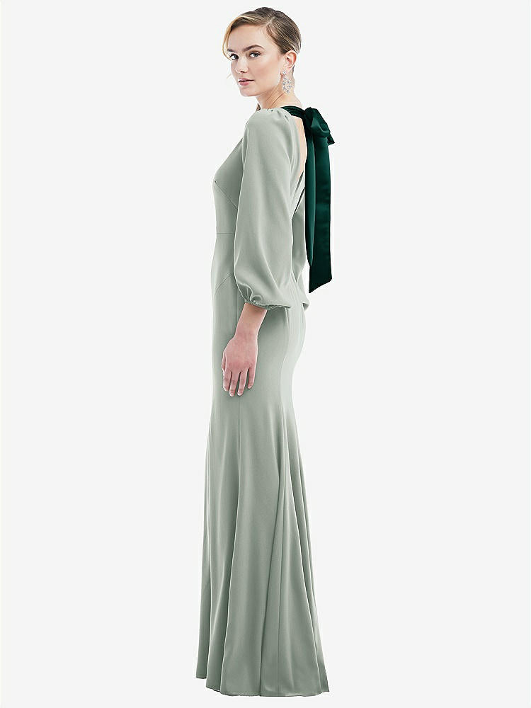 【STYLE: 3086】Bishop Sleeve Open-Back Trumpet Gown with Scarf Tie【COLOR: Willow Green & Evergreen】