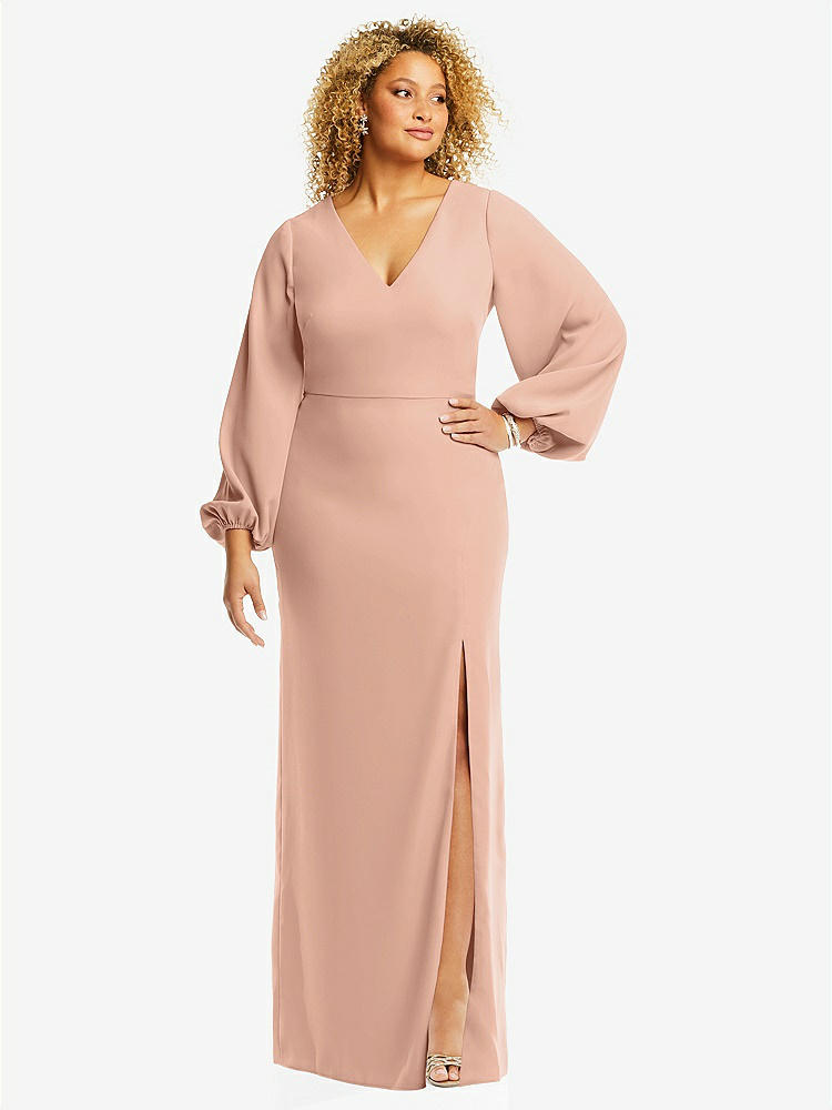 【STYLE: 3083】Long Puff Sleeve V-Neck Trumpet Gown【COLOR: Pale Peach】