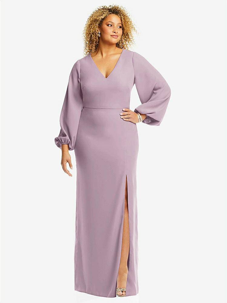 【STYLE: 3083】Long Puff Sleeve V-Neck Trumpet Gown【COLOR: Suede Rose】