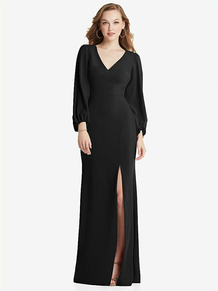【STYLE: 3083】Long Puff Sleeve V-Neck Trumpet Gown【COLOR: Black】