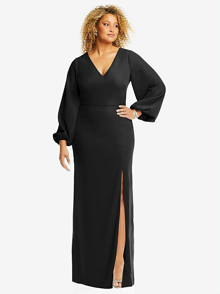 【STYLE: 3083】Long Puff Sleeve V-Neck Trumpet Gown【COLOR: Black】