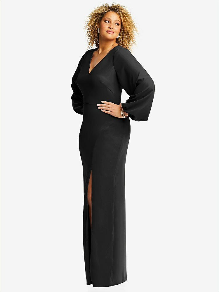 【STYLE: 3083】Long Puff Sleeve V-Neck Trumpet Gown【COLOR: Black】