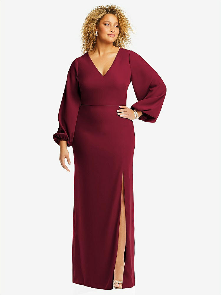 【STYLE: 3083】Long Puff Sleeve V-Neck Trumpet Gown【COLOR: Burgundy】