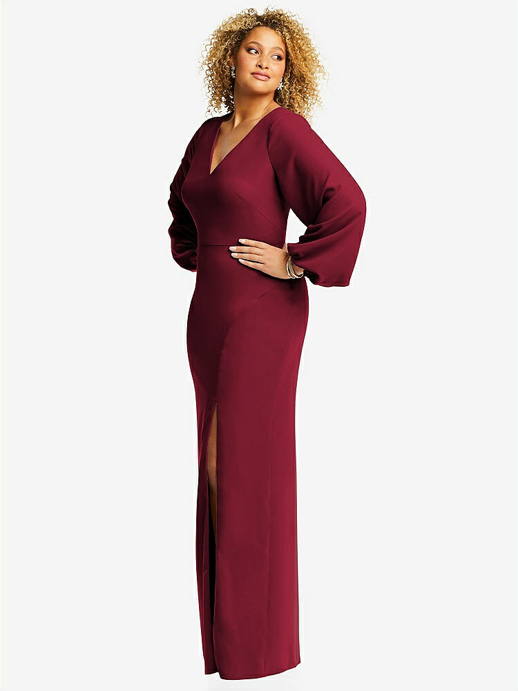 【STYLE: 3083】Long Puff Sleeve V-Neck Trumpet Gown【COLOR: Burgundy】