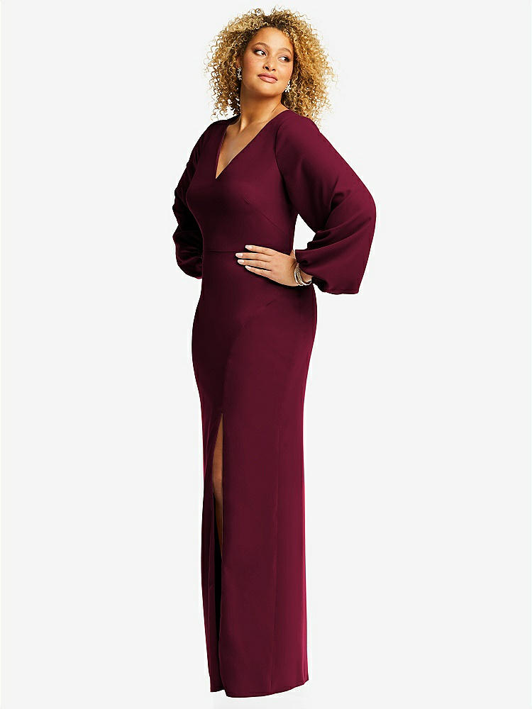 【NEW】【STYLE: 3083】長い パフ 袖 Vネック トランペット ガウン【COLOR: Cabernet】【SIZE: 00-30W】