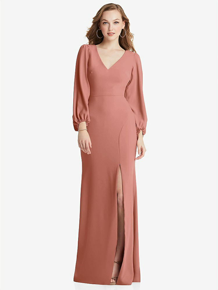 【STYLE: 3083】Long Puff Sleeve V-Neck Trumpet Gown【COLOR: Desert Rose】