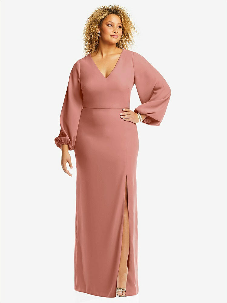 【STYLE: 3083】Long Puff Sleeve V-Neck Trumpet Gown【COLOR: Desert Rose】