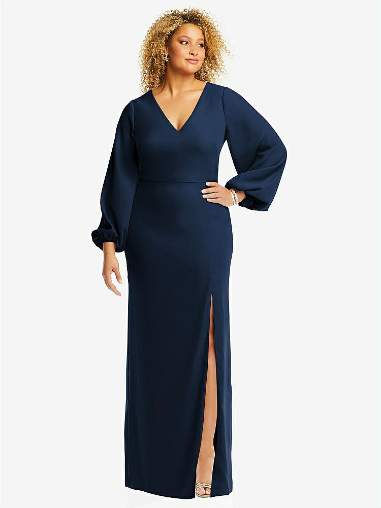 【STYLE: 3083】Long Puff Sleeve V-Neck Trumpet Gown【COLOR: Midnight Navy】