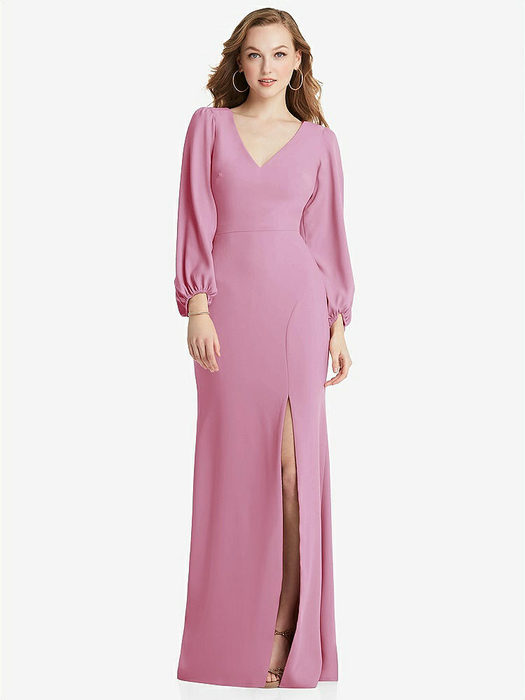【STYLE: 3083】Long Puff Sleeve V-Neck Trumpet Gown【COLOR: Powder Pink】