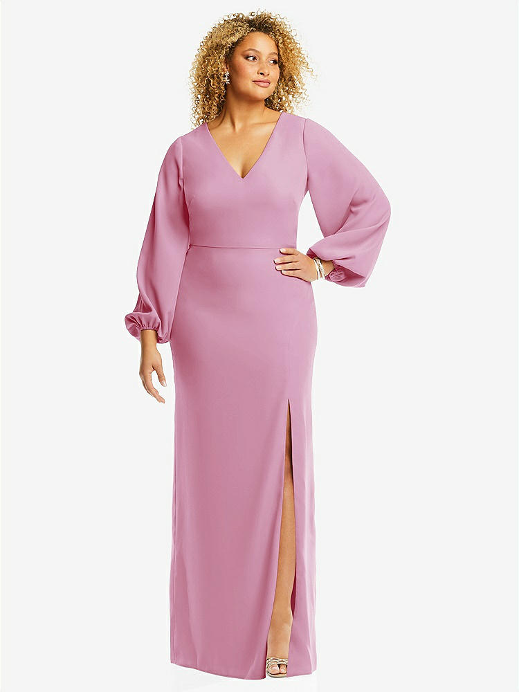 【STYLE: 3083】Long Puff Sleeve V-Neck Trumpet Gown【COLOR: Powder Pink】