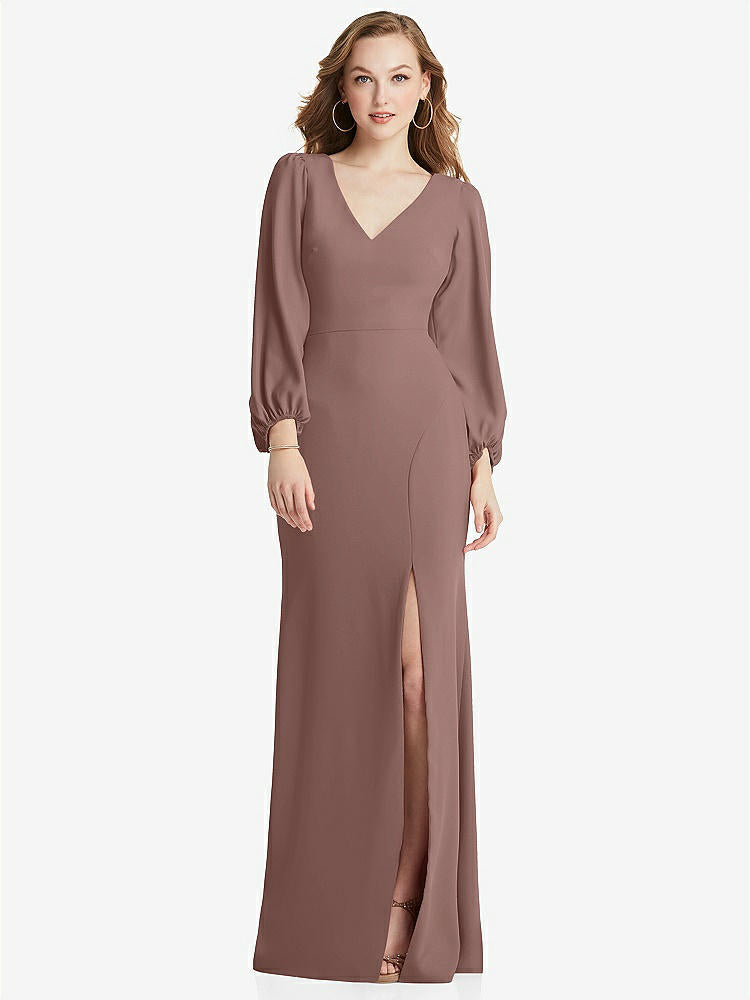 【STYLE: 3083】Long Puff Sleeve V-Neck Trumpet Gown【COLOR: Sienna】