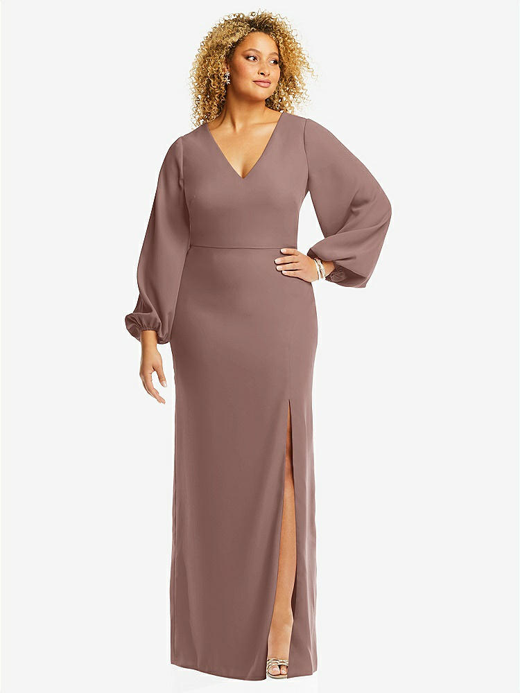 【STYLE: 3083】Long Puff Sleeve V-Neck Trumpet Gown【COLOR: Sienna】