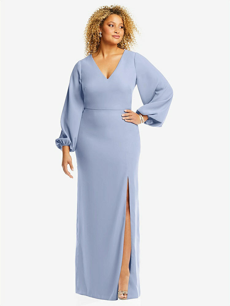 【STYLE: 3083】Long Puff Sleeve V-Neck Trumpet Gown【COLOR: Sky Blue】
