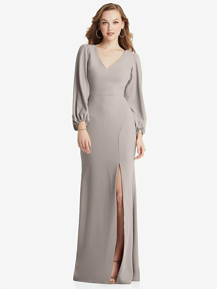 【STYLE: 3083】Long Puff Sleeve V-Neck Trumpet Gown【COLOR: Taupe】