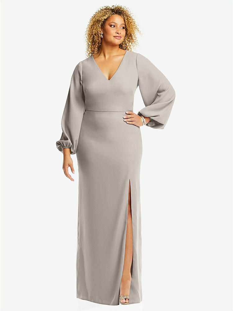 【STYLE: 3083】Long Puff Sleeve V-Neck Trumpet Gown【COLOR: Taupe】