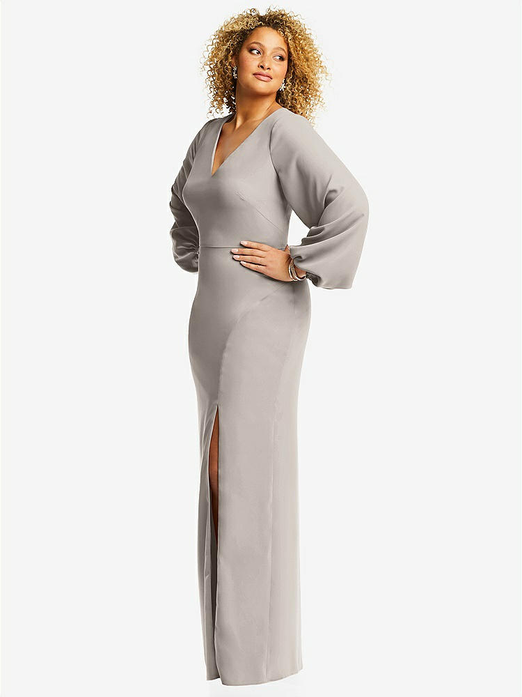 【STYLE: 3083】Long Puff Sleeve V-Neck Trumpet Gown【COLOR: Taupe】