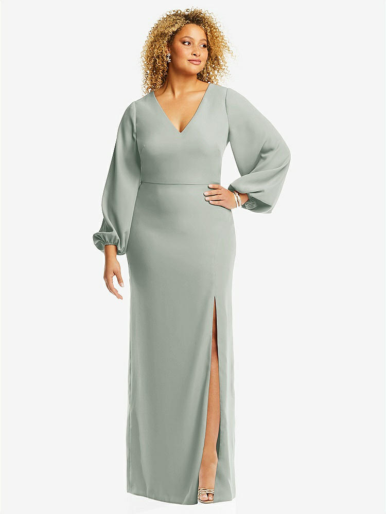 【STYLE: 3083】Long Puff Sleeve V-Neck Trumpet Gown【COLOR: Willow Green】