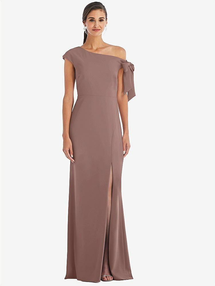 【STYLE: 3073】Off-the-Shoulder Tie Detail Trumpet Gown with Front Slit【COLOR: Sienna】