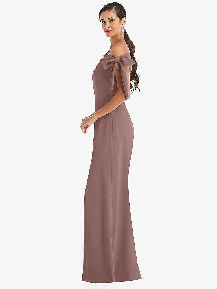 【STYLE: 3073】Off-the-Shoulder Tie Detail Trumpet Gown with Front Slit【COLOR: Sienna】