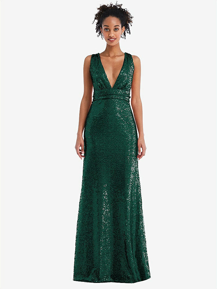 【STYLE: TH081】Open-Neck Criss Cross Back Sequin Maxi Dress【COLOR: Hunter Green】