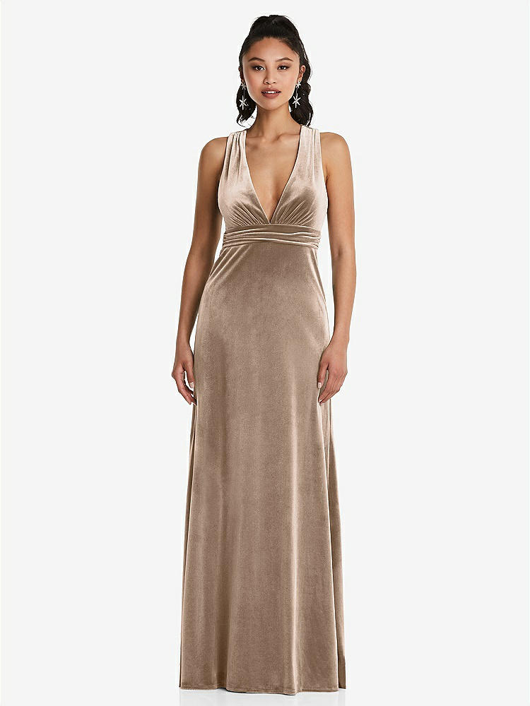 【STYLE: TH082】Plunging Neckline Velvet Maxi Dress with Criss Cross Open-Back【COLOR: Topaz】