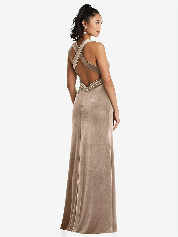 【STYLE: TH082】Plunging Neckline Velvet Maxi Dress with Criss Cross Open-Back【COLOR: Topaz】