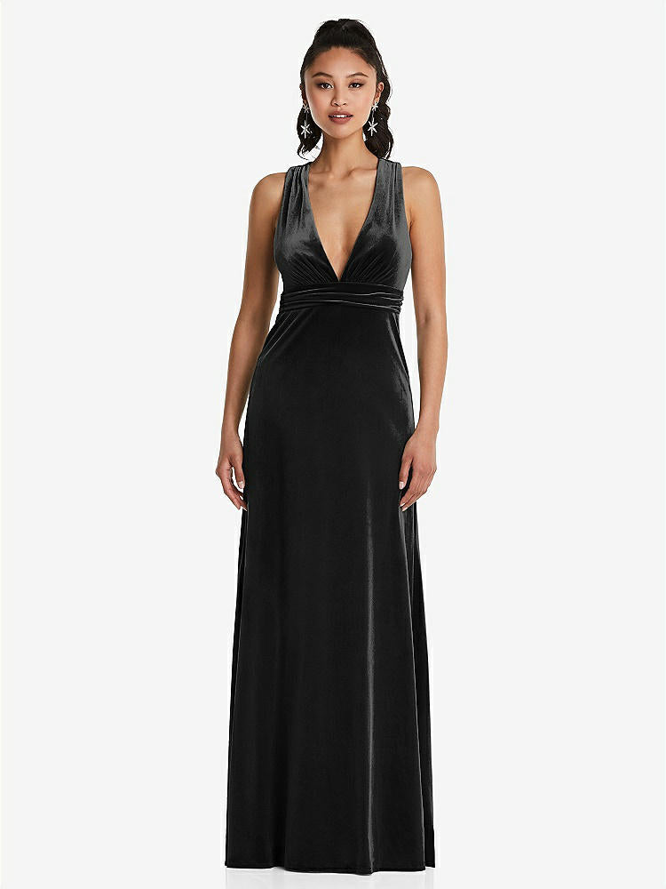 【STYLE: TH082】Plunging Neckline Velvet Maxi Dress with Criss Cross Open-Back【COLOR: Black】