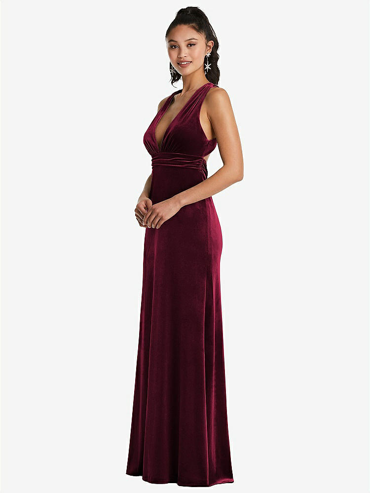 【STYLE: TH082】Plunging Neckline Velvet Maxi Dress with Criss Cross Open-Back【COLOR: Cabernet】