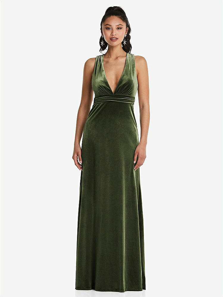【STYLE: TH082】Plunging Neckline Velvet Maxi Dress with Criss Cross Open-Back【COLOR: Olive Green】